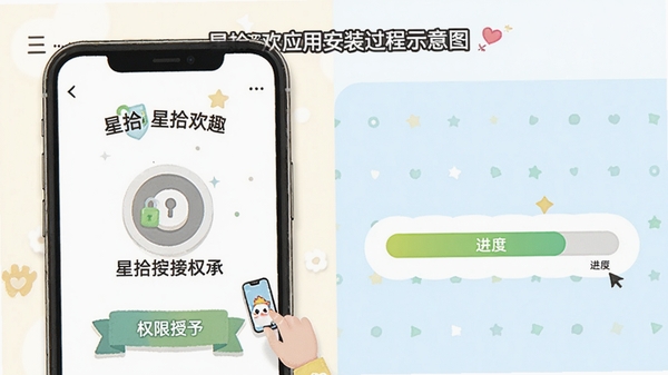 星拾欢趣应用安装过程示意图,包含权限授予和进度条状态